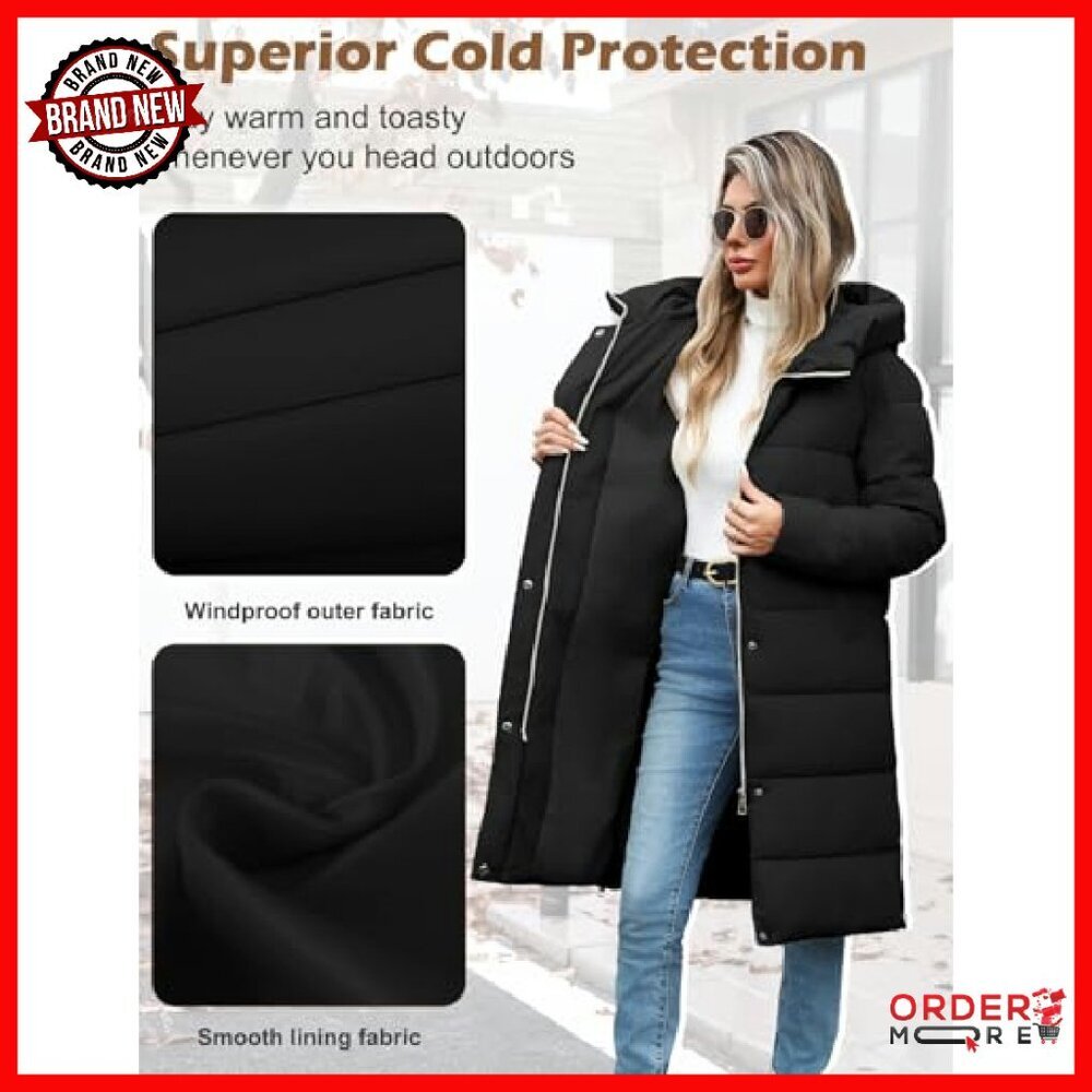 Women's Mid-Length Puffer Coat with Hood, Quilted Winter Jacket - Picture 6 of 8